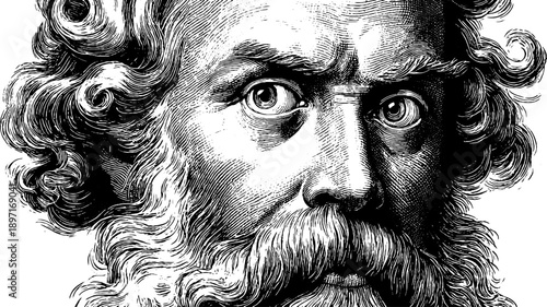 Vintage portrait of elderly man with neutral expression and botanical elements hand drawn