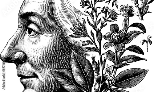 Elderly woman portrait with botanical elements in vintage engraving style for artistic design