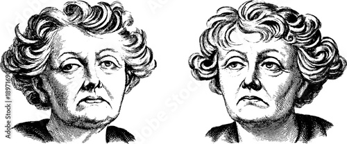 Vintage botanical portrait of elderly woman with neutral expression in engraving style