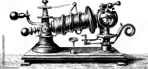 Vintage electrical coil experimental device botanical engraving for retro design and illustration