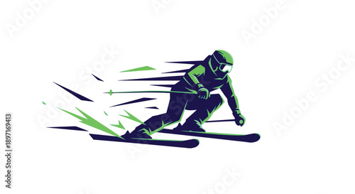 A dynamic illustration of a skier in motion, captured in a bold green and blue color scheme with motion lines on a white background.