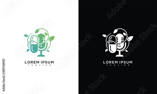 Organic Podcast Logo with Microphone Coffee Cup and Green Leaves - Nature Audio Branding.