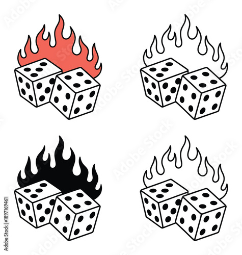 Four Flaming Dice Designs: Red, Black, and Outline Styles