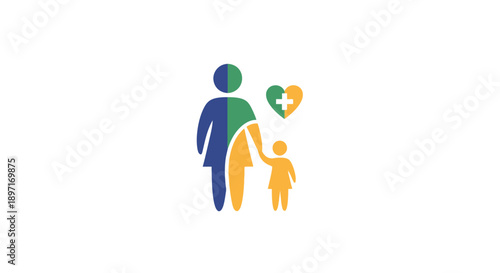 Family Care and Health Support Icon with Parent and Child Embracing a Heart Symbol on Isolated White Background