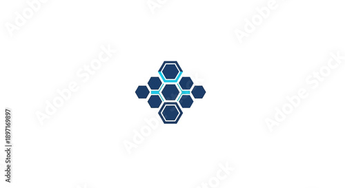 Cluster of blue hexagonal shapes resembling a honeycomb or molecular structure, symbolizing data network and connectivity, on an isolated white background.