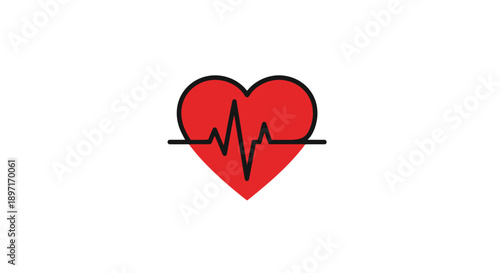 Red Heart with ECG Heartbeat Line, Cardiology and Health Monitoring Concept, isolated white background.