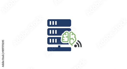 Smart Server Rack with AI Brain and WiFi Signal Icon on Isolated White Background