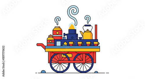 Colorful illustration of a tea cart with steaming teapots and cups on a white background in a flat graphic style.