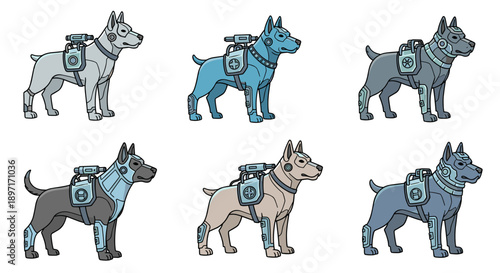 A collection of six stylized canine illustrations, each depicting a dog wearing futuristic armor and equipment in various monochromatic color schemes.
