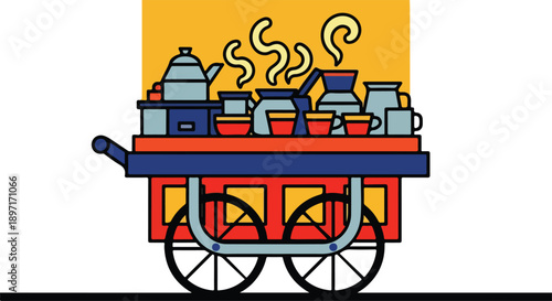 Colorful illustration of a food cart with various dishes and steam rising from containers on top against a bright yellow and white background.