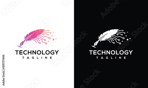 Digital Quill Pen Technology Logo - Circuit Board Feather Icon for Innovation