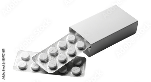 Blister pack of pills with box on transparent background for medical use