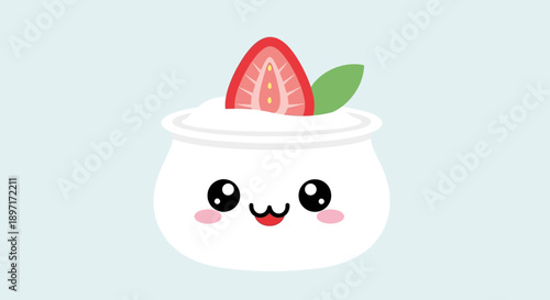 A cartoon yogurt with a smiling face and strawberry on top.
