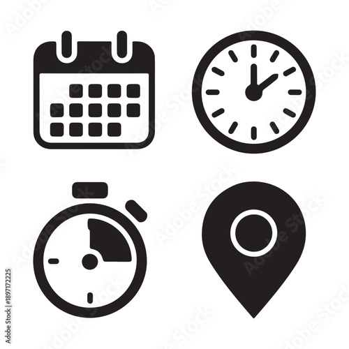Date, time and address icon set, web icons calendar, clock, stopwatch timer vector