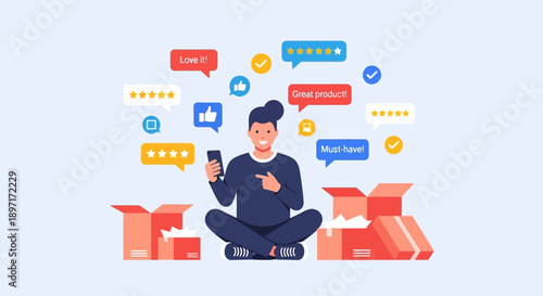 Man sitting with phone surrounded by boxes and social media icons.