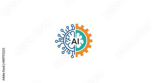 Artificial Intelligence Brain Circuitry Integrated with Gear Mechanism Logo on isolated white background