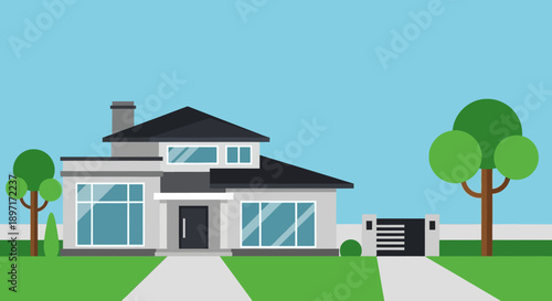 Modern two-story house with black roof and driveway.