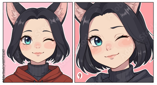 Cartoon girl with cat ears and different outfits.