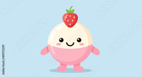 Adorable cartoon character shaped like a dessert with a strawberry on top.