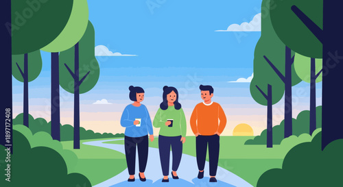 Three friends walking together on a path in a serene park at sunset.