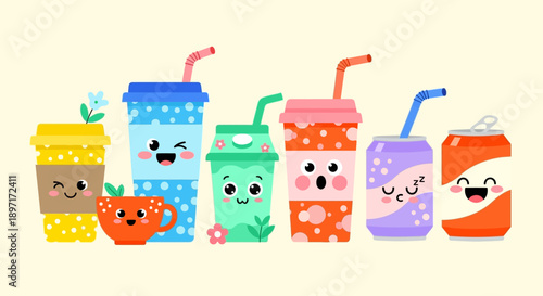 Colorful cartoon drink containers with straws and smiling faces.