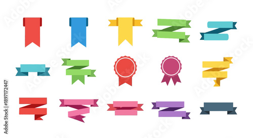 Collection of colorful ribbons and badges in various shapes and sizes arranged neatly