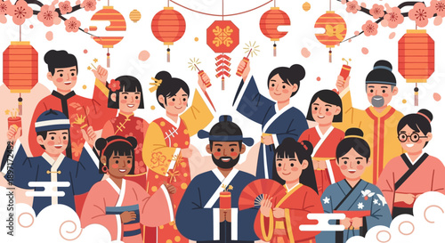 Diverse group of people celebrating Chinese New Year together.