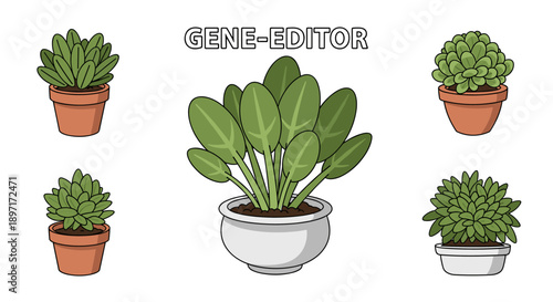 An illustrative depiction of potted plants, showcasing various green foliage in different containers, representing the concept of gene editing in a simplified, accessible manner.