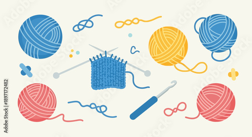Colorful yarn balls and knitting accessories arranged neatly.