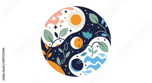 Yin Yang Symbol with Floral and Celestial Elements.