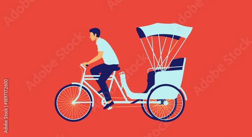 Man Riding a Rickshaw Bicycle with Passenger Compartment.