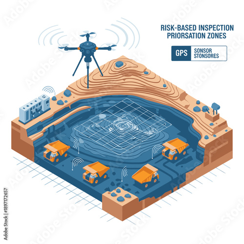 3D illustration of risk-based inspection prioritization zones with drone and GPS technology.