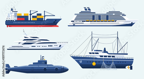 Collection of Various Navy Blue Watercraft and Vessels.