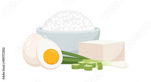 Illustrated Bowl of Steamed Rice with Boiled Egg Tofu and Green Onions.