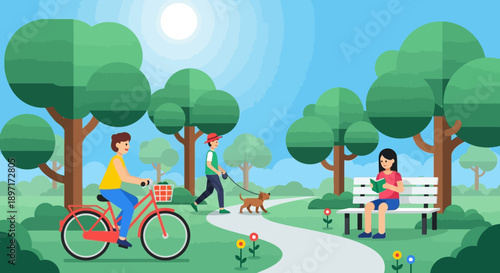 People enjoying leisure activities in a serene park on a sunny day.