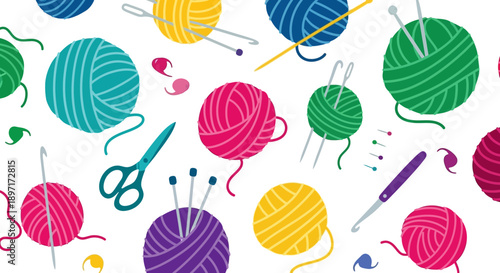 Colorful balls of yarn and knitting needles on white background.