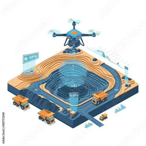 Isometric illustration of drone technology in industrial site management.