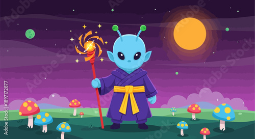 Cartoon alien wizard with magical staff in fantasy landscape.