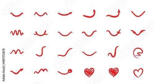 Collection of red hand-drawn squiggles and heart symbols on a clean background viewed from a straightforward angle