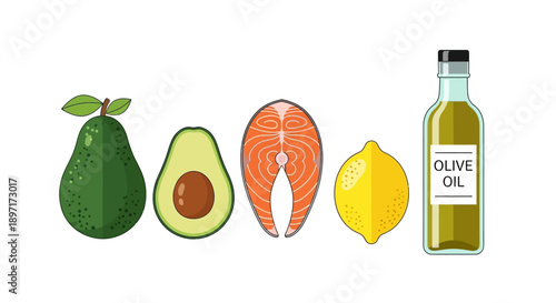 Healthy Food Ingredients Illustration Featuring Avocado Salmon Lemon and Olive Oil.
