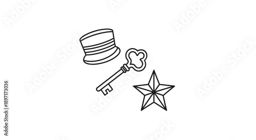 Simple line drawing of a key, hat, and star symbol.