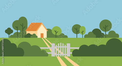 Serene countryside landscape with house and white picket fence.