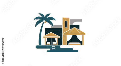Tropical house with palm tree and patio illustration.