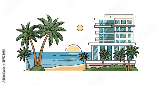 Tropical beach scene with modern hotel and palm trees at sunset.