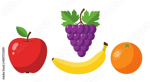 Colorful Cartoon Illustration of Fresh Red Apple, Purple Grapes, Yellow Banana, and Orange Fruits.