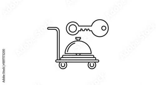 Simple line drawing of a hotel room service cart with a key.