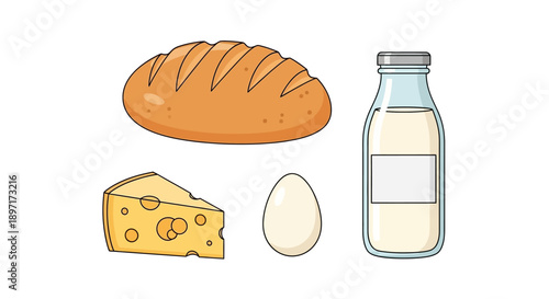 Cartoon Illustration of Fresh Bread Loaf, Swiss Cheese Wedge, Whole Egg, and Milk Bottle.