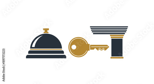 Hotel front desk and key icon set in simple style.