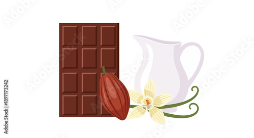 Vector illustration of chocolate bar cocoa pod milk pitcher and vanilla flowers.