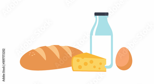 Flat illustration of fresh bread loaf, cheese slice, milk bottle and egg.